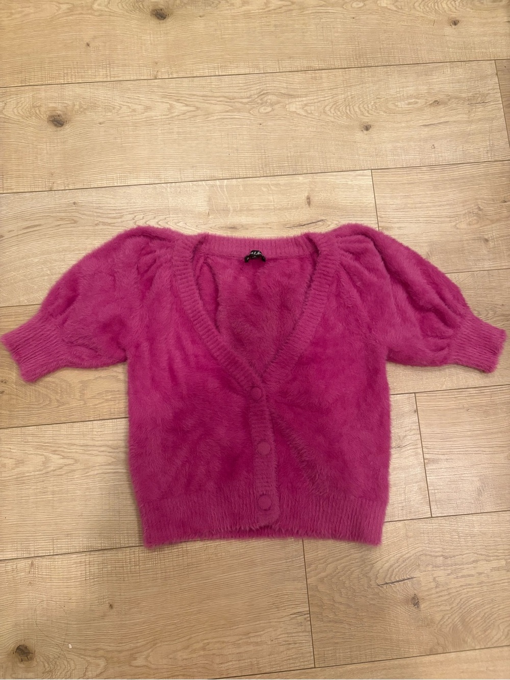 For Love And Lemons Fuchsia Fuzzy Short-Sleeve V-Neck Cardigan